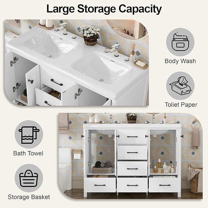 46.7 inch Bathroom Sink Vanity Combo, Large Freestanding Double Bath Vanity Sink Set with 2 Cabinets & 5 Drawers, Dual Basin Modern Bathroom Storage Cabinet, Modern White