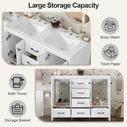 46.7 inch Bathroom Sink Vanity Combo, Large Freestanding Double Bath Vanity Sink Set with 2 Cabinets & 5 Drawers, Dual Basin Modern Bathroom Storage Cabinet, Modern White