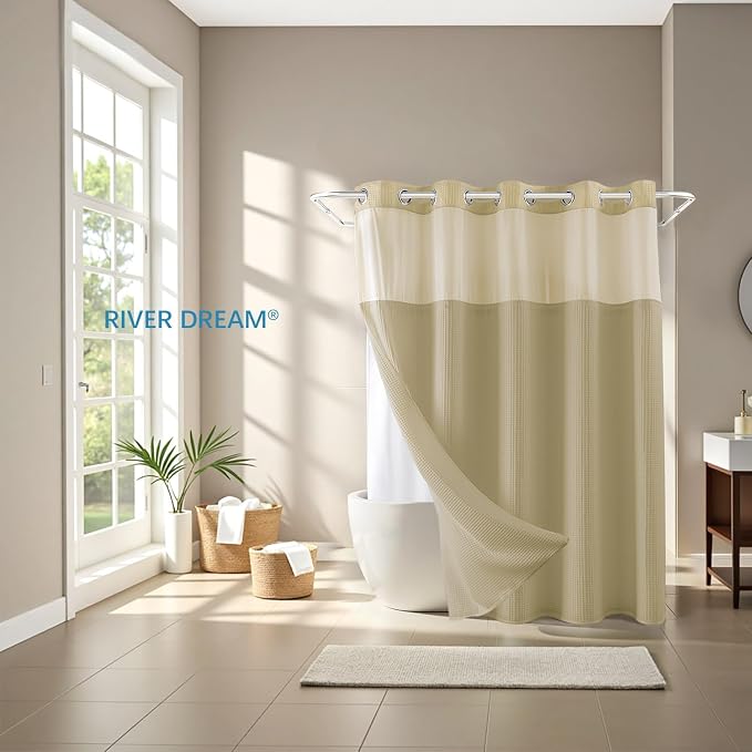 River Dream Linen Cotton Blend Fabric Shower Curtain Set with Liner, 71x74 | Waffle Weave, No Hook Needed, with Snap in Replacement Liner, Top Sheer Window, Hotel Quality Fabric for Bathroom