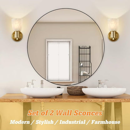 EJIAXIN Wall Sconces Set of 2, Gold Vanity Lights for Bathroom, Modern Wall Light Fixtures with Rotary Switch, Wall Mount Light with Frosted Glass, Farmhouse Lamp for Bedroom Living Room