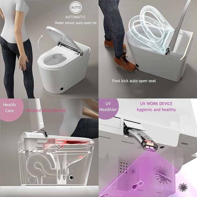Modern Smart Toilet, One Piece Toilet with Auto Open/Close Lid, Heated Seat, Bidet Function, Warm Air Dry, Foam Shield, Auto Deodorization, Night Light, Remote Control