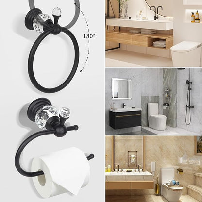 2 Pieces Sets Black Crystal Series Toilet Paper Holder Wall Mouted Towel Ring, Gold Round Hand Towel Rack Decorative for Bathrooms
