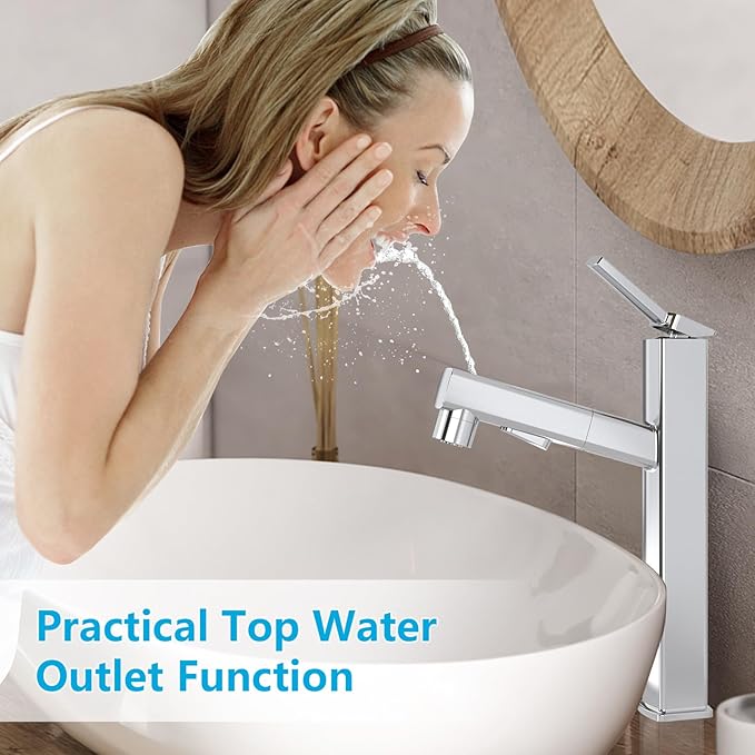 MIAOHUI Vessel Sink Faucet with Pull Out Sprayer, 3 Spray Mode Tall Bathroom Sink Faucet, High Bathroom Faucets for Sink 1 Hole, Single Handle Modern Vanity Faucet with Fountain Mode, Chrome