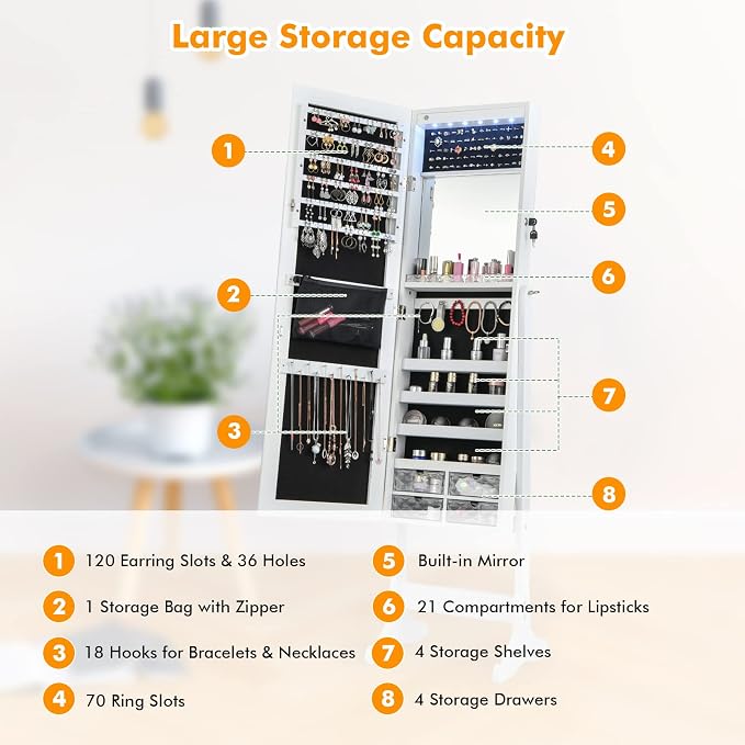 CHARMAID Jewelry Armoire Cabinet with Full Length Mirror, 6 LEDs Standing Lockable Jewelry Organizer with Vanity Makeup Mirror, 4 Storage Drawers, 4 Shelves, Lipstick Tray, 4 Angles (White)