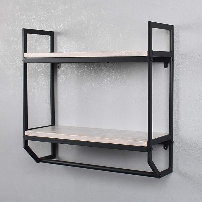 2-Tier Metal Industrial 23.6" Bathroom Shelves Wall Mounted,Rustic Wall Shelf Over Toilet,Towel Rack with Towel Bar,Utility Storage Shelf Rack, Floating Shelves Towel Holder,Retro White