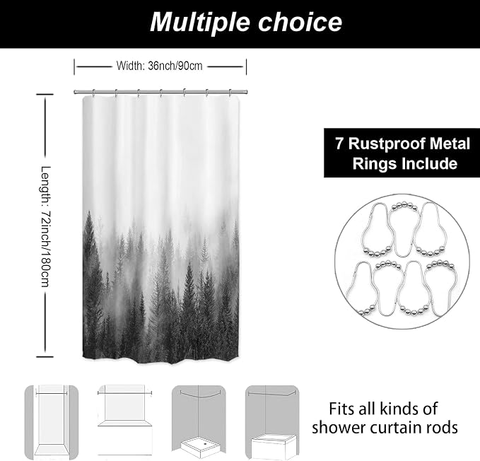 ORTIGIA 36x72 Misty Forest Stall Shower Curtain for Small Bathroom, Black and White Narrow Nature Woodland Shower Curtain Set with Hooks, Waterproof Fabric Fog Magic Home Bath Curtain