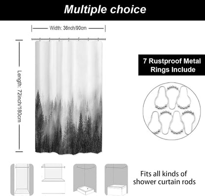 ORTIGIA 36x72 Misty Forest Stall Shower Curtain for Small Bathroom, Black and White Narrow Nature Woodland Shower Curtain Set with Hooks, Waterproof Fabric Fog Magic Home Bath Curtain