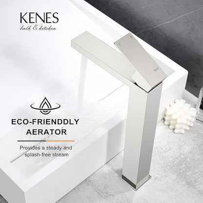 KENES Brushed Nickel Vessel Sink Facuet Single Handle Tall Bathroom Sink Faucet Vanity Bathroom Faucet Basin Mixer Tap with Water Supply Hose and Pop Up Sink Drain, LJ-9031A