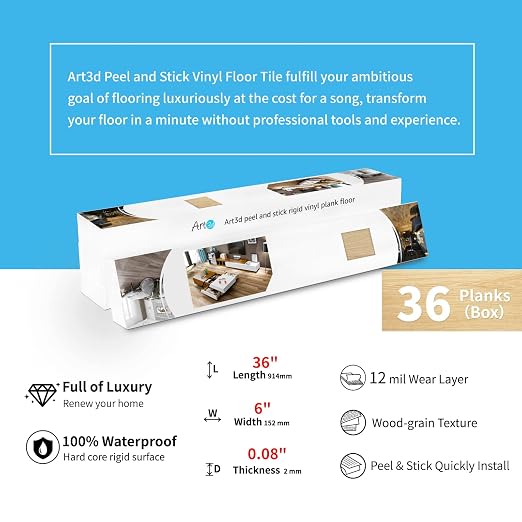 Art3d 36-Pack Wood Grain Peel and Stick Vinyl Flooring Tiles, Aspen Yellow | 18 & 54 sq.ft Options, Rigid Surface Hard Core, Waterproof, Self-Adhesive, Impact Resistant, Fit Indoor Household Spaces