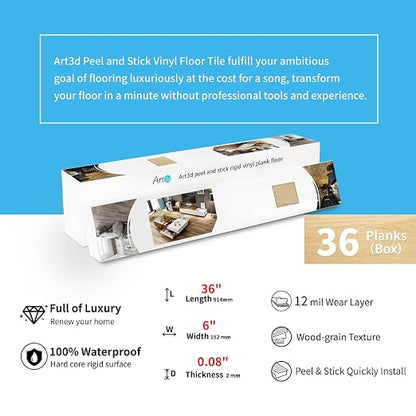Art3d 36-Pack Wood Grain Peel and Stick Vinyl Flooring Tiles, Aspen Yellow | 18 & 54 sq.ft Options, Rigid Surface Hard Core, Waterproof, Self-Adhesive, Impact Resistant, Fit Indoor Household Spaces