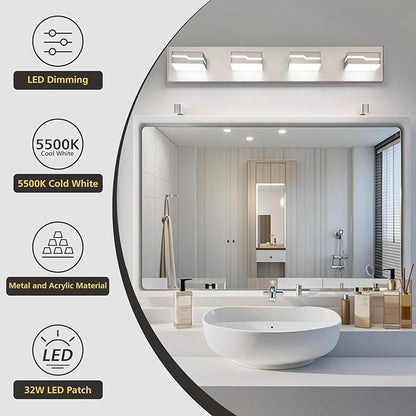 LED Modern Bathroom Vanity Light Fixtures 4-Light, 25.5 inch Dimmable Nickel Vanity Lights for Bathroom Lighting Fixtures Over Mirror, with 350°Rotatable Acrylic Heads(White Light 5500K)