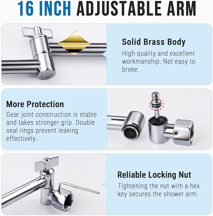 G-Promise 16 Inch All Metal Rain Shower Head with Extension Arm | Built to Last, Rust Resistant, Easy to Install, Adjustable, Full Body Coverage Large Rainfall Shower Head, Daily SPA