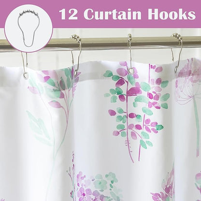 Lavender Purple and Green Wildflower Floral Shower Curtain,Whimsical Cottage Core Retro Boho Fairy Waterproof Fabric Shower Curtains for Girls Bathroom Set with Hooks 72x72