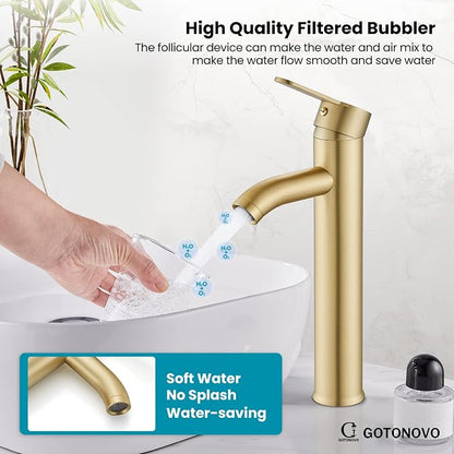 gotonovo Modern Vessel Sink Faucet with ABS Pop Up Drain, Brushed Gold | Modern Tall Bathroom Faucet 1 Hole Single Handle Round Body, cUPC Water Supply Hoses, Basin Mixer Tap for Vanity Lavatory Rv