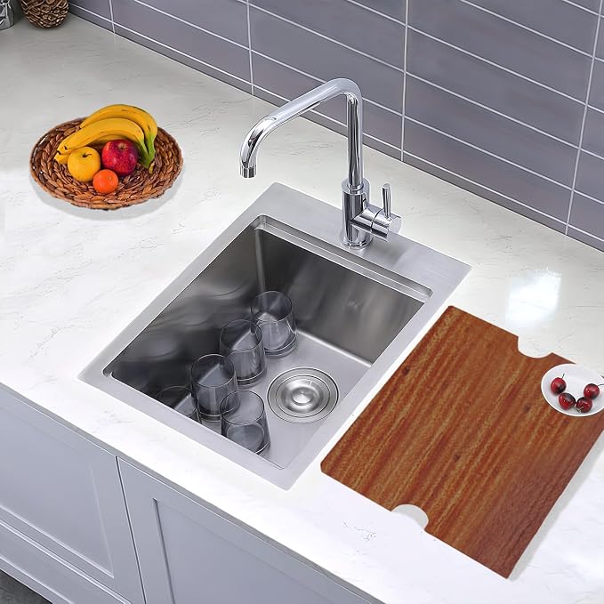 HOTIS Drop In Bar Sink, 15 x 20 Inch Small Kitchen Sink, 304 Stainless Steel Topmount Workstation Sinks, Handmade 16 Gauge Single Bowl Kitchen Sinks with Dish Grid & Drain and Cutting Board