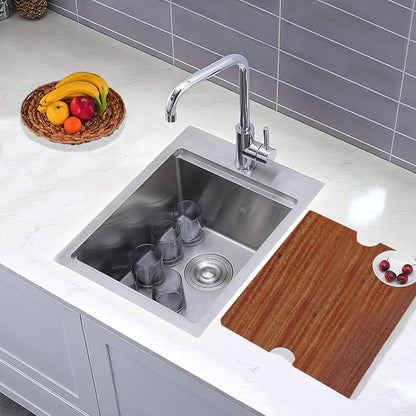 HOTIS Drop In Bar Sink, 15 x 20 Inch Small Kitchen Sink, 304 Stainless Steel Topmount Workstation Sinks, Handmade 16 Gauge Single Bowl Kitchen Sinks with Dish Grid & Drain and Cutting Board