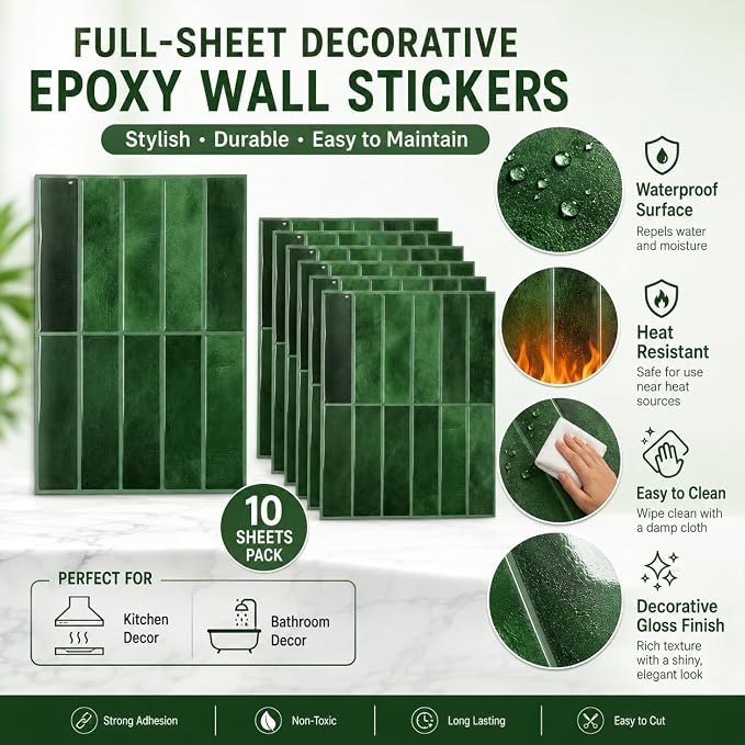 JOLOV 10 Pack Peel and Stick Backsplash Tiles, Waterproof 3D Stickers | Thicker self-adhesive 3D tile stickers for kitchen and bathroom walls; removable, waterproof and easy to install.
