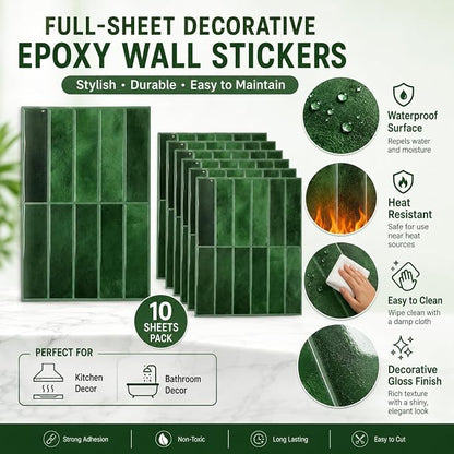 JOLOV 10 Pack Peel and Stick Backsplash Tiles, Waterproof 3D Stickers | Thicker self-adhesive 3D tile stickers for kitchen and bathroom walls; removable, waterproof and easy to install.