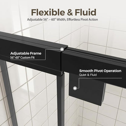 56-60" W x 72" H Semi-Frameless Pivot Swing Shower Doors | 1/4" (6mm) Clear SGCC Tempered Glass with a 24.8" walk-in opening, Matte Black Finish, Reversible, Magnetic Closing