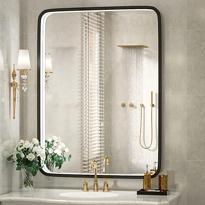 36x28 Inch LED Black Frame Bathroom Mirror,3 Color | ETL Listed,Anti-Fog,3000K/4500K/6000K Dimmable,Horizontal & Vertical,Wall Mounted,Memory Function