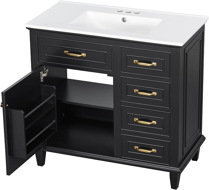 36" Bathroom Vanity with Ceramic Sink Top, Soft-Close Door & Flip Drawers, Freestanding Storage Cabinet W/Adjustable Shelf, Solid Wood Frame for Bathrooms, Powder Room, Guest Bath,Black