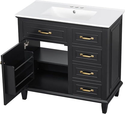 36" Bathroom Vanity with Ceramic Sink Top, Soft-Close Door & Flip Drawers, Freestanding Storage Cabinet W/Adjustable Shelf, Solid Wood Frame for Bathrooms, Powder Room, Guest Bath,Black