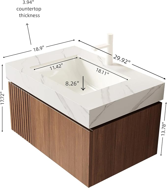 KEIKI 30 Inch Floating Bathroom Vanity with Sink, Brown Oak & White | Modern Wall Mounted Storage Cabinet w/ Drawer & Door, Pre-assembled Wood Panels, Sintered Stone Top & Ceramic Basin Combo Set