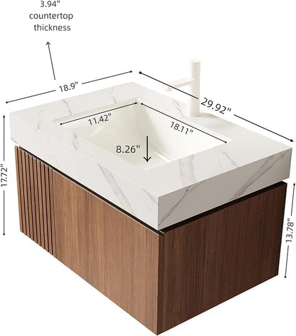 KEIKI 30 Inch Floating Bathroom Vanity with Sink, Brown Oak & White | Modern Wall Mounted Storage Cabinet w/ Drawer & Door, Pre-assembled Wood Panels, Sintered Stone Top & Ceramic Basin Combo Set