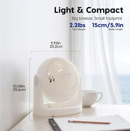 IRIS USA WOOZOO Small Desk Fan, 360° Vertical Tilt, Quiet Table Fan, White | 52ft Max Air Distance, 30 db, Table Top Fan for Bedroom, Office, Dorm, Kitchen, Air Circulator