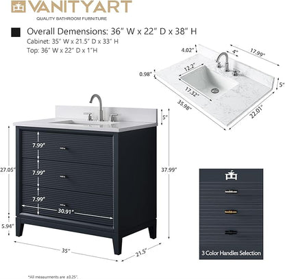 Vanity Art 36" Bathroom Vanity with Single Sink & Arabescato White Engineered Stone Top, Soft Closing Door, Solid Wood Frame, Golden Brushed Handles, Vintage Spruce Blue VA8136-VSB-GB