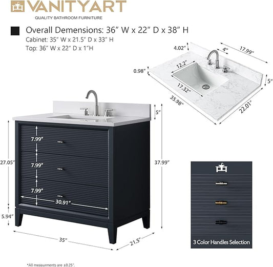 Vanity Art 36" Bathroom Vanity with Single Sink & Arabescato White Engineered Stone Top, Soft Closing Door, Solid Wood Frame, Golden Brushed Handles, Vintage Spruce Blue VA8136-VSB-GB