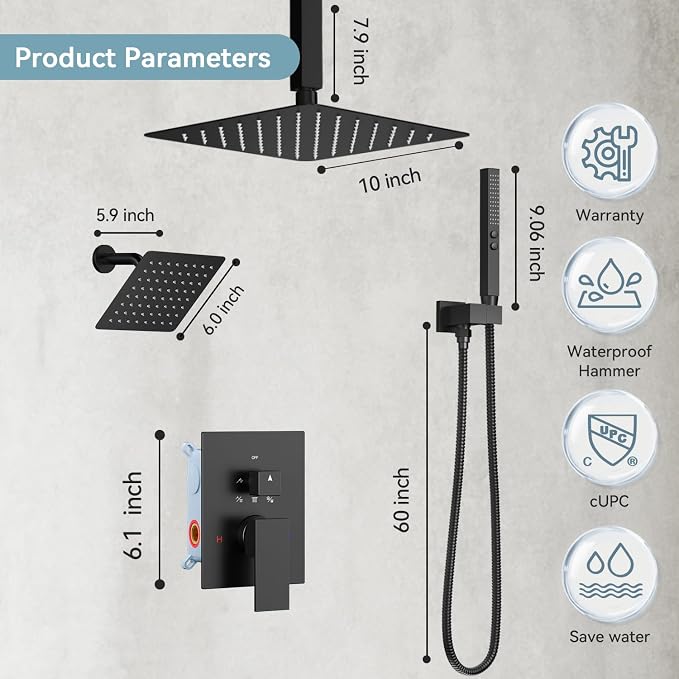 Shower Faucet Sets Matte Black Shower System,Bostingner Five Function Diverter Shower Faucets with 2 in 1 Handheld,10'' Ceiling Mount and 6’‘ Wall Mount Shower Head Rainfall Shower Set with Valve