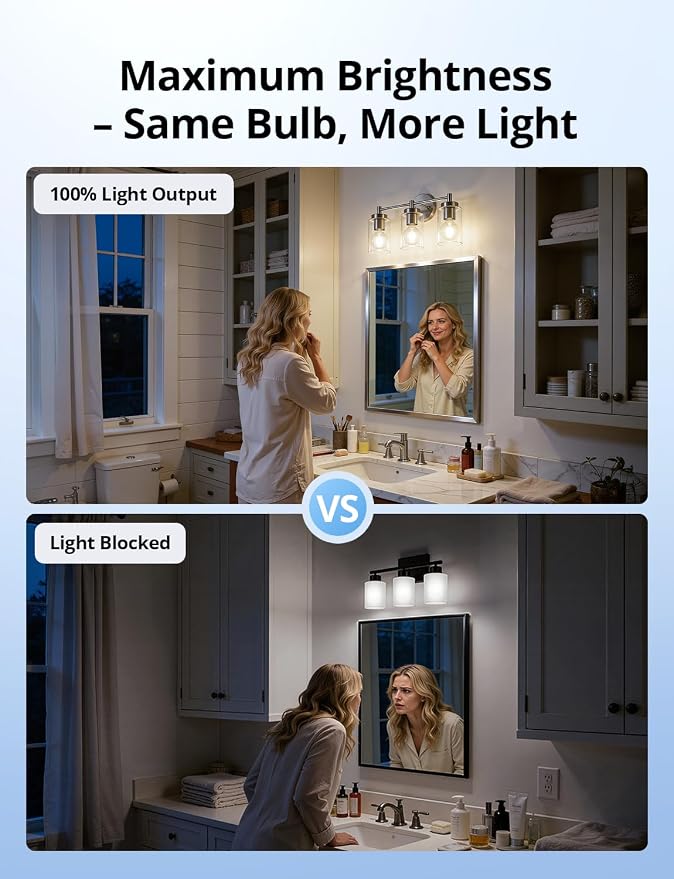 3-Light Brushed Nickel Bathroom Vanity Light, Farmhouse Wall Sconce | 17.12", Brushed Nickel Restroom Lamp, Clear Glass, Bright Makeup Lighting, above Mirror, Tool-Free E26 Bulb Swap, No Bulbs