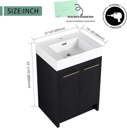 24" Freestanding Bathroom Vanity,24 Inch Bathroom Vanity with Sink,Modern Single Sink Bathroom Vanity Combo,Black Floor Stand Cabinet Set