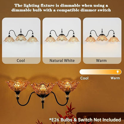 Black Bathroom Vanity Light,3-Light Vanity Light with Floral Amber Glass Shades,Vintage Farmhouse Wall Mount Lighting for Bathroom, Dressing Table