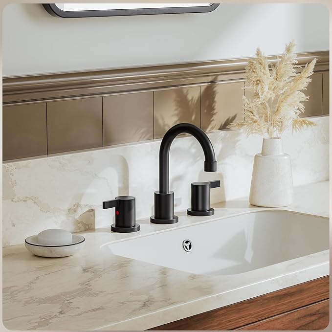 Phiestina Matte Black 8 Inch Widespread Bathroom Faucet 2 Handle 3 Hole Bathroom Vanity Faucet with Metal Pop Up Drain & Water Supply line,BF03042-K01-MB