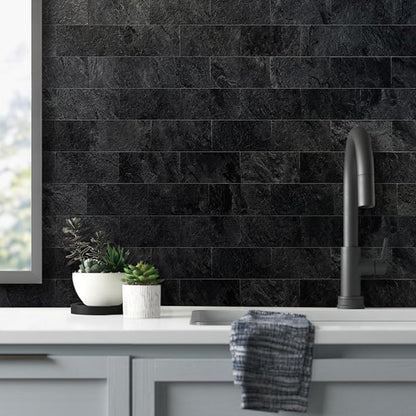 AULIGET 3" x 6" Peel and Stick Backsplash Wall Tiles, PVC Faux Stone Stick on Tiles for Backsplash Kitchen (4, Black Slate)