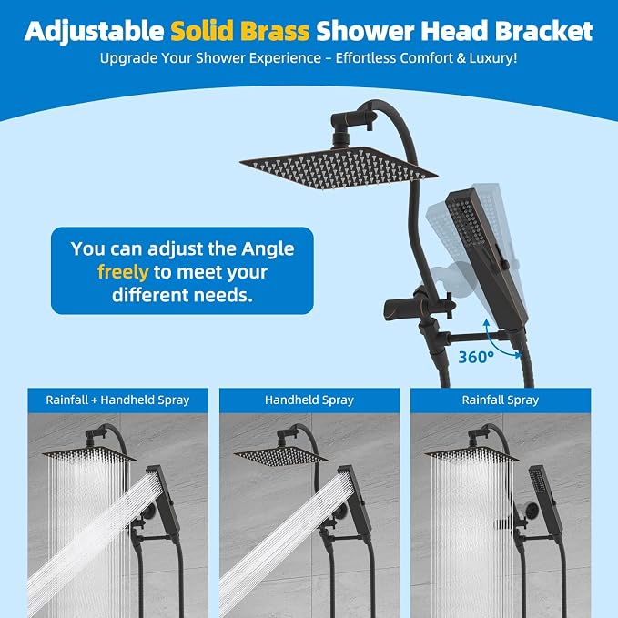 Hibbent All Metal cUPC Certified Shower Head, 8'' High Pressure Rainfall Showerhead Combo, Handheld Shower Wand, 12'' Adjustable Extension Arm, 4-Spray, 71'' Hose, Shower Holder, Oil Rubbed Bronze