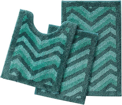 Hearth & Harbor Bathroom Rugs, Shaggy Plush Bath Mat, Ultra Soft Non Slip Backing Rubber, Chevron Design Bath Rug, Green, 3 Piece Set