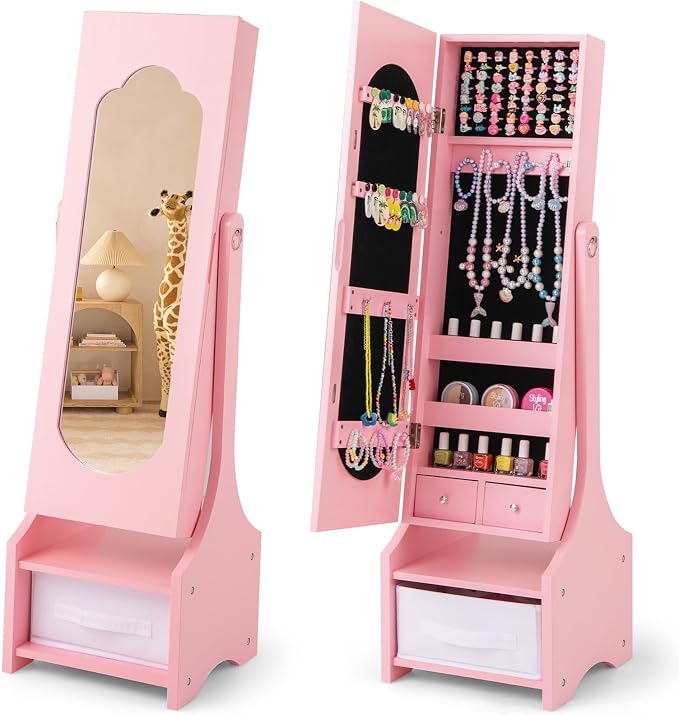 CHARMAID Kids Jewelry Armoire Cabinet - Standing jewelry Organizer for Girls, Full Length Mirror, Storage Drawers and Shelves, Kids Vanity Dressing Mirror with Storage (Pink)