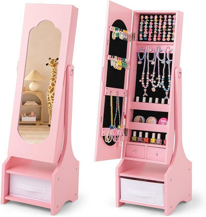 CHARMAID Kids Jewelry Armoire Cabinet - Standing jewelry Organizer for Girls, Full Length Mirror, Storage Drawers and Shelves, Kids Vanity Dressing Mirror with Storage (Pink)