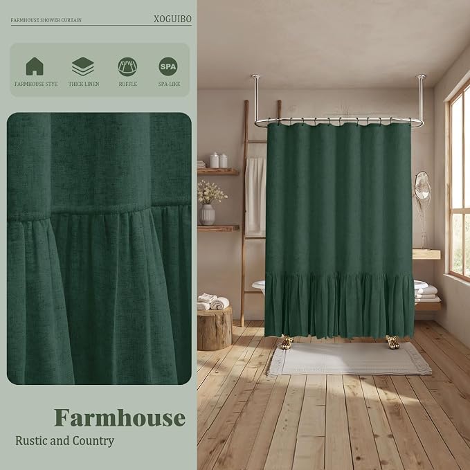 Farmhouse Shower Curtain Ruffle Linen Flax Dark Green 72" W x 72" L | Linen Fabric, Farmhouse Boho, Bottom Ruffle, Rustic, Country, Natural Look, Washable, Shower Curtain for Bathroom Bathtub