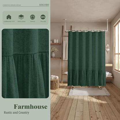 Farmhouse Shower Curtain Ruffle Linen Flax Dark Green 72" W x 72" L | Linen Fabric, Farmhouse Boho, Bottom Ruffle, Rustic, Country, Natural Look, Washable, Shower Curtain for Bathroom Bathtub