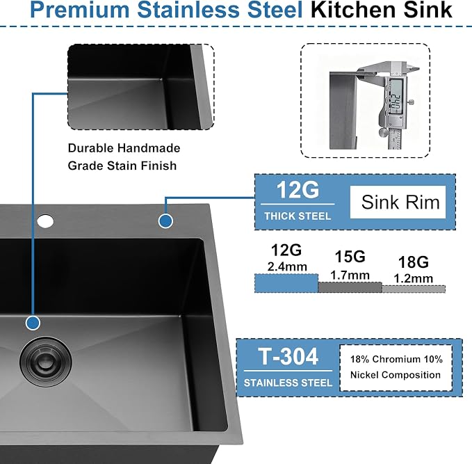 25x22 Inch Black Drop In Kitchen Sink, Top Mount 16 Gauge 304 Stainless Steel 8 Inch Deep Laundry Utility Sink, Gunmetal Black Single Bowl Topmount Overmount Sink