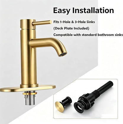 Brushed Gold Single Handle Bathroom Sink Faucet, 1/3 Hole Installation, Lead-Free Stainless Steel, Includes Pop-up Drain & Flexible Supply Lines, for Vanity, Modern Farmhouse and RV Sinks