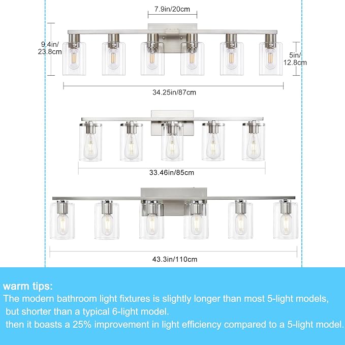 6 Light Bathroom Light Fixtures, Bathroom Vanity Light with Clear Glass, Brushed Nickel Bathroom Lighting Fixtures over Mirror, Large Vanity Lights for Bathroom, Vanity Lights for Mirror, Wall Sconce