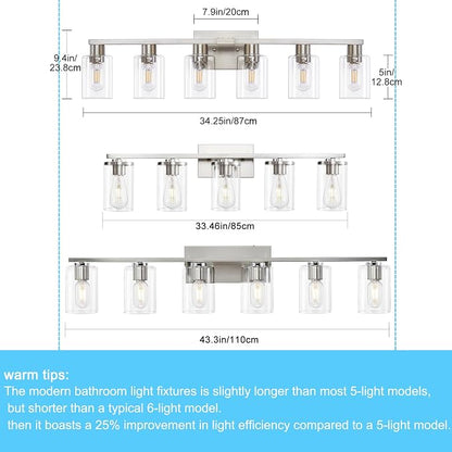 6 Light Bathroom Light Fixtures, Bathroom Vanity Light with Clear Glass, Brushed Nickel Bathroom Lighting Fixtures over Mirror, Large Vanity Lights for Bathroom, Vanity Lights for Mirror, Wall Sconce