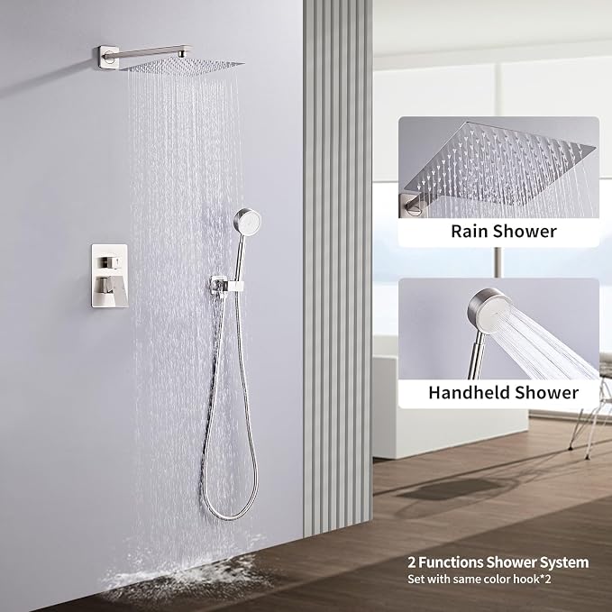 Brushed Nickel Rainfall Shower Head, Wall Mounted 8 Inch Shower Heads with Handheld Spray Combo, Luxury Bathroom Square Rain Shower System, Solid Brass Pressure Balancd Shower Faucet Valve