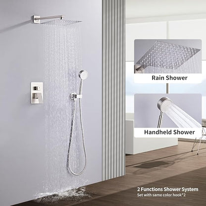 Brushed Nickel Rainfall Shower Head, Wall Mounted 8 Inch Shower Heads with Handheld Spray Combo, Luxury Bathroom Square Rain Shower System, Solid Brass Pressure Balancd Shower Faucet Valve