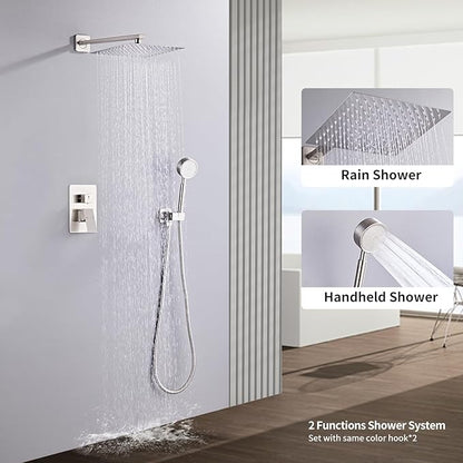 Brushed Nickel Rainfall Shower Head, Wall Mounted 12 Inch Shower Heads with Handheld Spray Combo, Luxury Bathroom Square Rain Shower System, Solid Brass Pressure Balancd Shower Faucet Valve